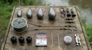 Lay-flat view of essential terminal tackle for UK river catfish rigs, featuring heavy-duty swivels, lead clips, and braided hooklinks on a mat.