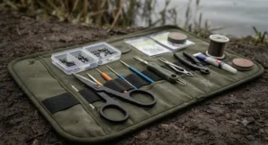Essential rig-making tools including splicing needles, pullers, and heavy-duty scissors packed inside a tackle box.