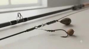 Heavy-duty ledger rig attached to the eyelet of a heavy-rated best catfish rod.