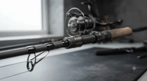 A detailed close-up of the robust Fuji-style reel seat on the catfish rod, securely locked onto the dark matte carbon blank, showing the heavy-duty metal hood and woven carbon texture.