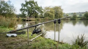The catfish rod and matching reel from image_0.png set up on stainless steel banksticks with bite alarms on a grassy bank overlooking a British lake, ready for fishing.