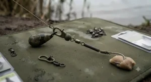 Specialist safety lead clips and tail rubbers assembled for a running rig setup within a catfish terminal tackle kit.