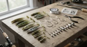 Selection of soft plastic lures, drop shot weights, and specialised hooks used for targeting perch in UK waters.