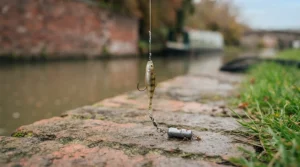 Detailed illustration showing a drop shot rig setup with a soft plastic lure designed for targeting wary perch in UK canals.