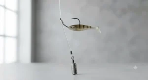 Step-by-step diagram showing how to tie a drop shot rig with correct hook placement and weight spacing for perch fishing.