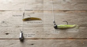 Clear visual comparison showing the rig layout of a drop shot setup with a bottom sinker versus a jighead with a soft plastic lure.