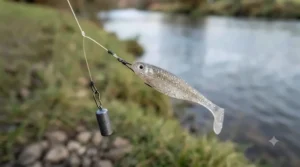 Close-up of a drop shot rig with a small soft bait, a deadly tactic for finicky zander in UK waters.
