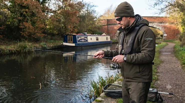 Angler holding a sensitive drop shot rod for perch fishing on a calm British canal, ready for light lure fishing. Drop Shot Rod for Perch