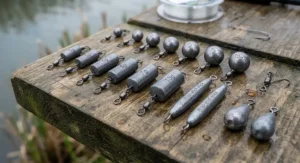 Different styles of tungsten and lead drop shot weights designed for various UK bottom conditions.