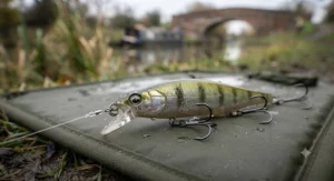 A finesse dropshot rig setup equipped with a small soft plastic bait for cautious winter zander.
