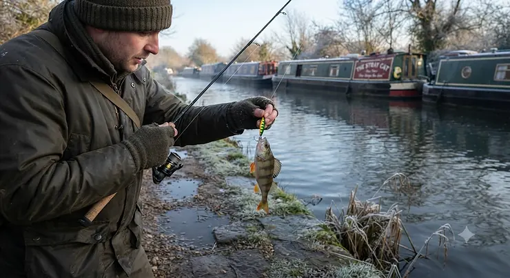 Frosty UK canal towpath with an angler targeting winter perch holding tight to moored boats and bridge pillars. Perch Lures for Winter