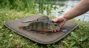 A healthy, striped perch safely resting on an unhooking mat before being returned to a British fishery.