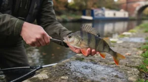 Angler safely unhooking a fine stripey British perch caught using a drop shot rod before returning it to the water.