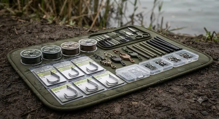 Close-up of extra-strong rolling swivels and solid rings included in a UK catfish terminal tackle kit for handling hard-fighting specimen fish. catfish terminal tackle kit