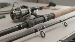 Close-up of a reinforced reel seat and robust guides on a durable best catfish rod.
