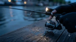 Angler demonstrating a slow retrieve technique with a weighted zander lure for night fishing on a British canal.