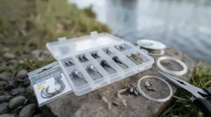 Assorted tungsten jig heads and razor-sharp hooks paired with soft lures for zander fishing.