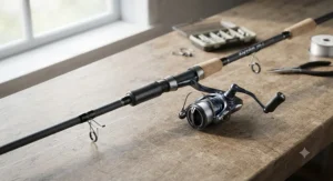 Sensitive light-lure rod and small spinning reel setup ideal for detecting subtle perch bites while drop shotting.