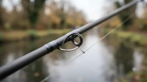 Close-up of smooth ceramic rod rings and guides on a low-cost perch spinning rod to reduce line friction.