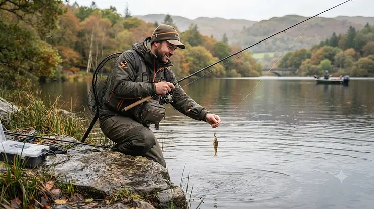 A collection of top-performing lures for perch, including soft plastics and spinners, arranged on a tackle box for UK freshwater fishing. Lures for Perch