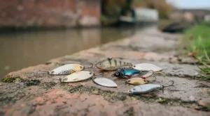 Metal blade baits and tail spinners creating vibration to attract predatory perch in coloured canal water.