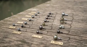 Recommended micro jig weight sizes in grams for different water depths when fishing for perch.