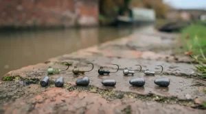 Selection of micro jigheads and compact tungsten weights for finesse lure fishing in shallow canals.