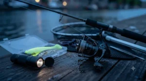 Essential night fishing gear layout including a headtorch, landing net, and zander lures for evening sessions.