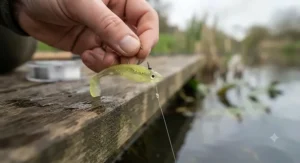Detailed view of nose-hooking a small shad-style lure with a fine wire drop shot hook.