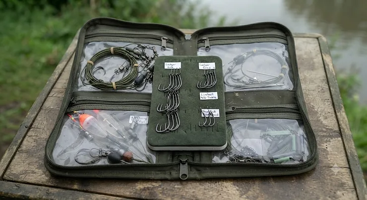 Open tackle wallet displaying pre-tied wire and braid catfish rigs ready for a session on the River Trent. catfish rigs for river fishing catfish hooks review