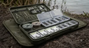 An organized tackle box showing neatly compartmentalised catfish terminal tackle kit items ready for a session at a UK water.