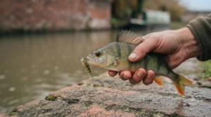 Angler holding a fine striped perch caught on a small lure near a traditional British canal lock.