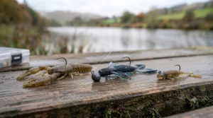 Textured creature baits and imitation crayfish soft plastics used for targeting large specimen perch on British stillwaters.