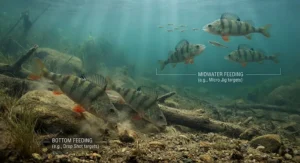 Illustration of European perch feeding near the riverbed and in mid-water, demonstrating how different presentations target various feeding moods.