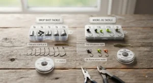 Selection of small tungsten weights, dropshot hooks, and micro jigheads laid out for UK perch fishing tackle selection.