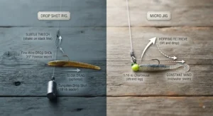 Infographic illustrating the subtle twitching retrieve for drop shot rigs compared to the hopping retrieve used for micro jigs.