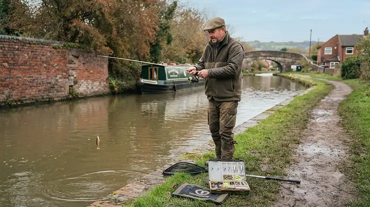A selection of effective perch lures laid out on a weathered bankside tackle box, ideal for canal fishing across UK waterways. Perch Lures for Canal Fishing