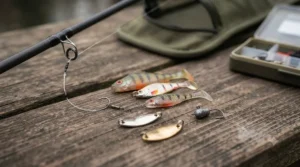 A selection of small soft lures, spinners, and drop shot rigs paired with an affordable perch rod under £50.
