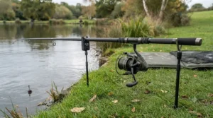 Fully rigged catfish rod and reel setup resting on bank sticks ready for a session on a UK river.