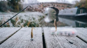 Detailed view of a small soft plastic creature bait rigged onto a light wire jig hook for finesse perch presentations.