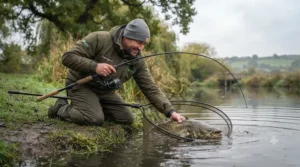 The angler from image_0.png kneeling on a muddy British riverbank, playing a hard-fighting catfish with the rod significantly bowed, capturing the natural environment.