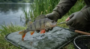 Angler carefully unhooking a striped perch on an unhooking mat before a safe release back into the water.