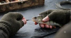 Angler carefully unhooking a striped winter perch before a safe catch and release on a British water.