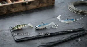 Infographic illustrating slow hop and drag retrieves for cold-water perch fishing.