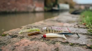 Assortment of colourful soft plastic grubs and small paddletails suited for urban canal lure fishing.