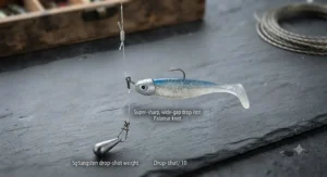 Close-up of a small paddletail soft plastic rigged on a jig head for cold-water perch fishing.