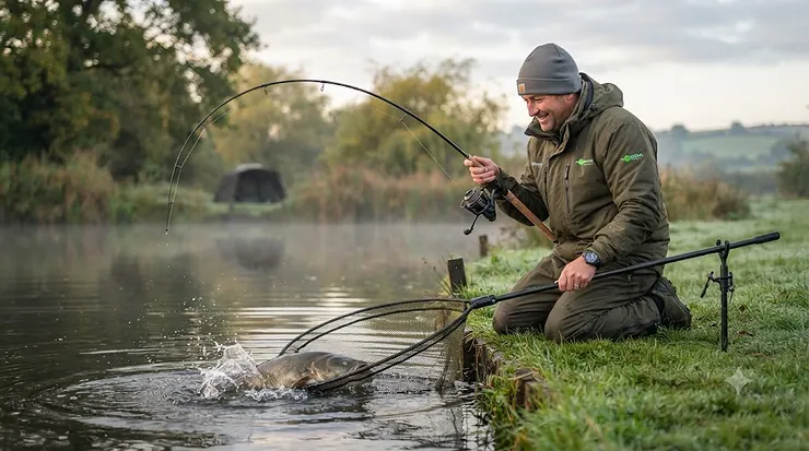 An angler carefully landing a large carp-like freshwater fish (catfish) with a landing net on a British stillwater lake at dawn, using a modern specimen rod. top catfish rods under £150