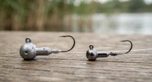 Side-by-side comparison of tungsten and lead micro jig weights showing size differences for lure fishing.