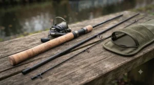 A two-piece carbon perch fishing rod dismantled for easy transport in a car boot or rucksack.