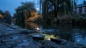 Typical UK canal venue at dusk, prime location for using zander lures for night fishing.